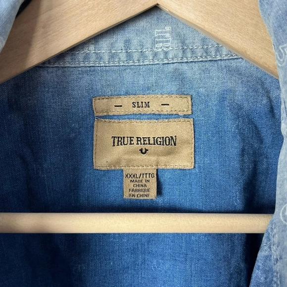 True Religion • All Over Logo Chambray Button Down Long Sleeve Shirt - Picture 7 of 10